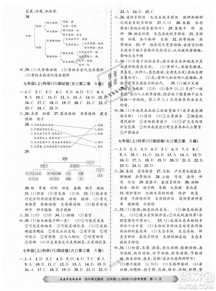 孟建平系列叢書華師大版2018新版初中單元測(cè)試七年級(jí)科學(xué)上冊(cè)9787517808909答案