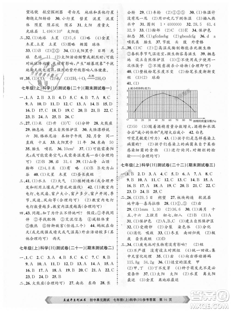 孟建平系列叢書華師大版2018新版初中單元測(cè)試七年級(jí)科學(xué)上冊(cè)9787517808909答案