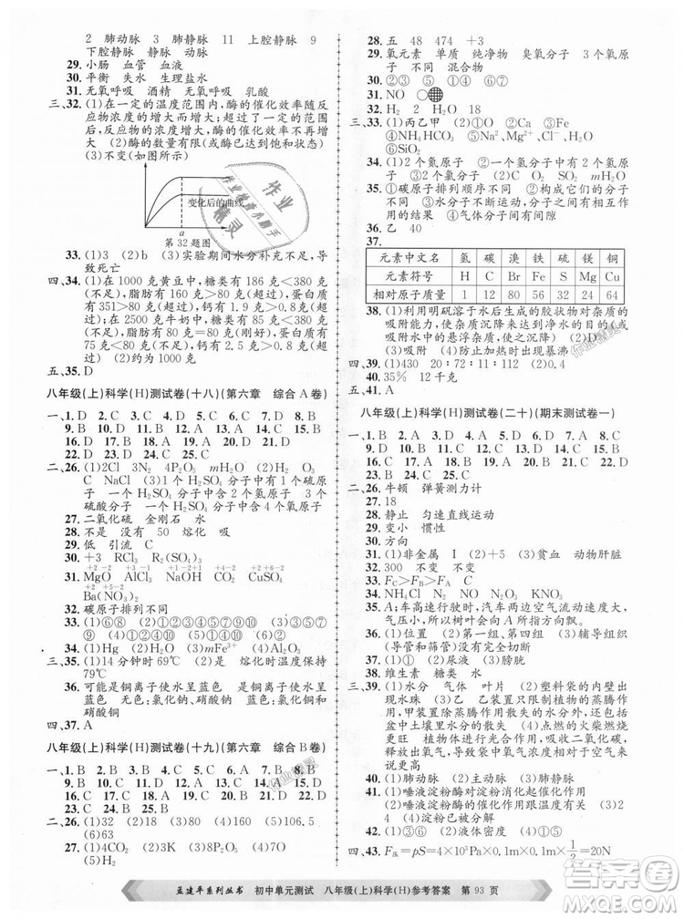 孟建平系列叢書2018華師大版初中單元測(cè)試9787517808978八年級(jí)上冊(cè)科學(xué)答案