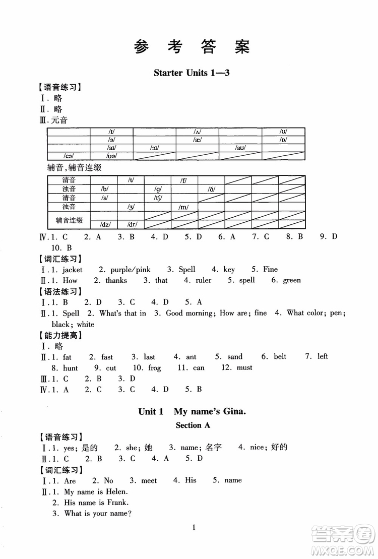 2018年海淀名師伴你學同步學練測英語七年級上冊參考答案