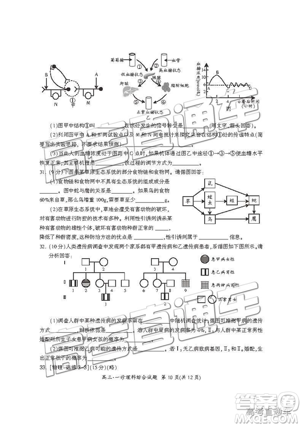 2019屆廣元一診高三理綜試題及參考答案