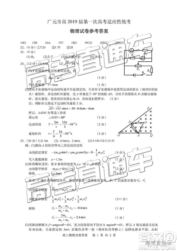 2019屆廣元一診高三理綜試題及參考答案