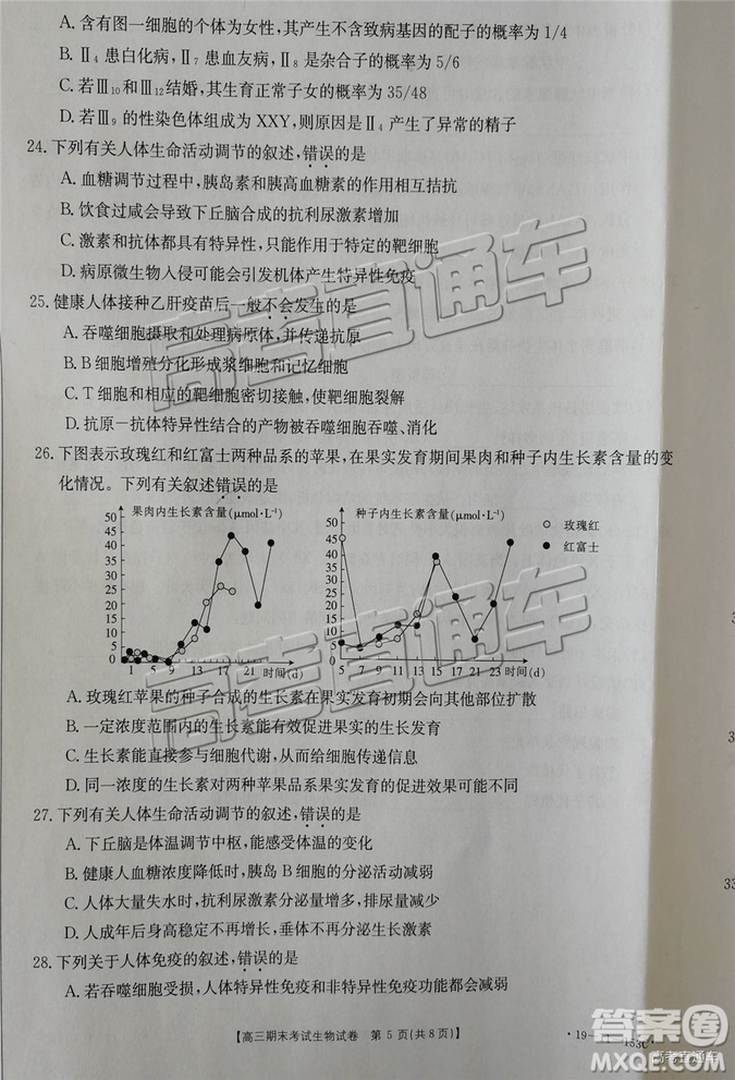 2019遼陽(yáng)高三期末考試?yán)砭C試卷及答案解析