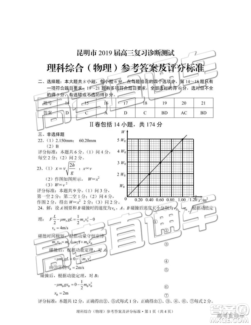 昆明市2019屆高三復(fù)習(xí)診斷測(cè)試?yán)砭C試卷及答案解析