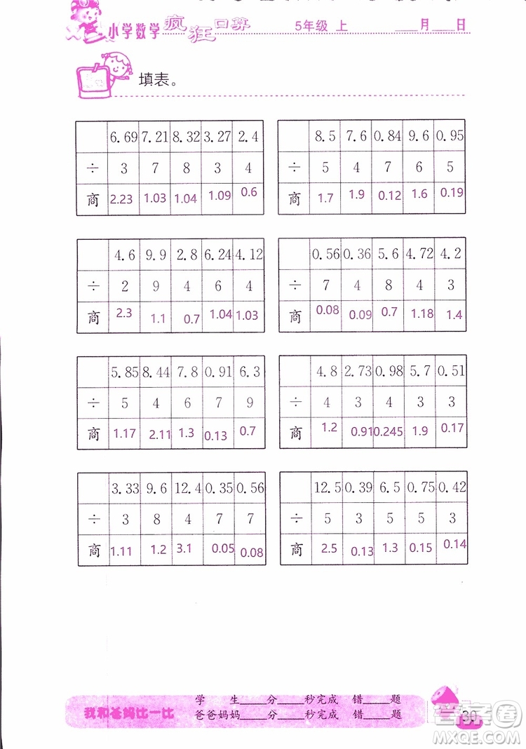 2019版津橋教育瘋狂口算小學(xué)數(shù)學(xué)五年級參考答案