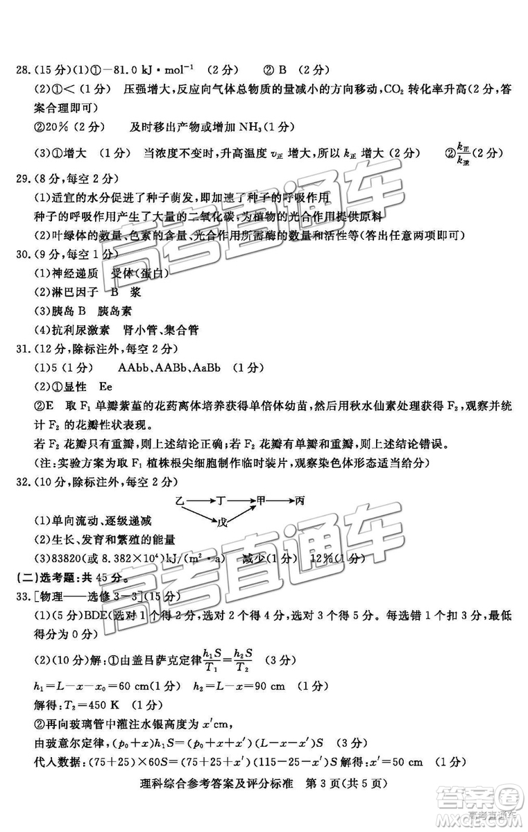 汕尾市普通高中2019年1月高三教學(xué)質(zhì)量檢測(cè)理綜試卷及答案