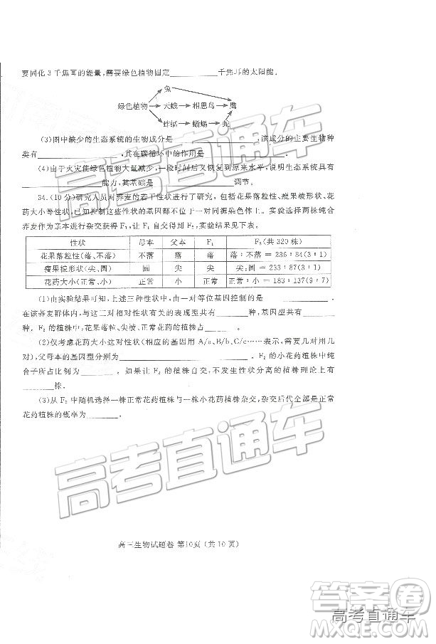 2019鄭州一測(cè)理綜試題及參考答案