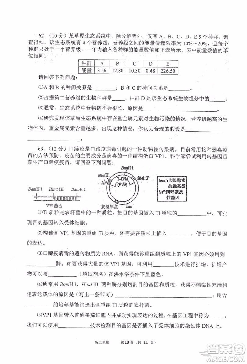 哈三中2018-2019學年度高二上期末測試生物試卷及答案答案