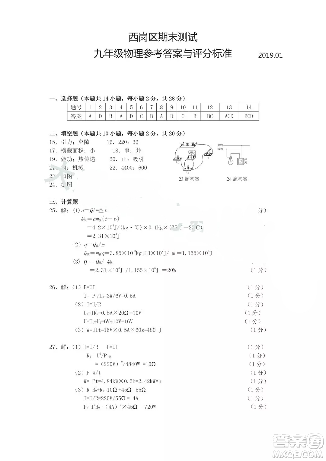 2019年大連西崗區(qū)初三上學(xué)期期末考試物理試卷答案