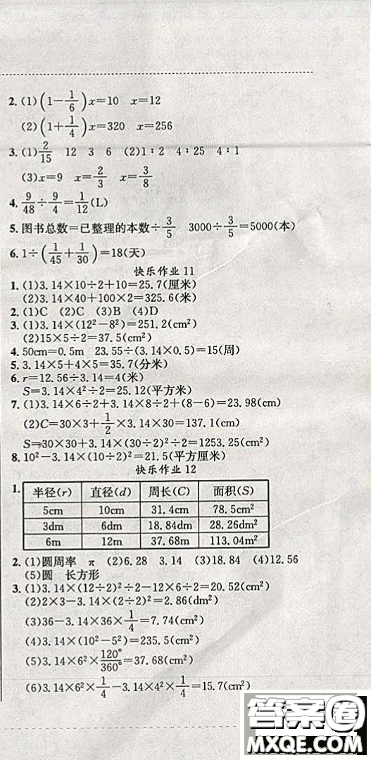 2019新版黃岡小狀元寒假作業(yè)六年級(jí)數(shù)學(xué)全國(guó)通用版參考答案