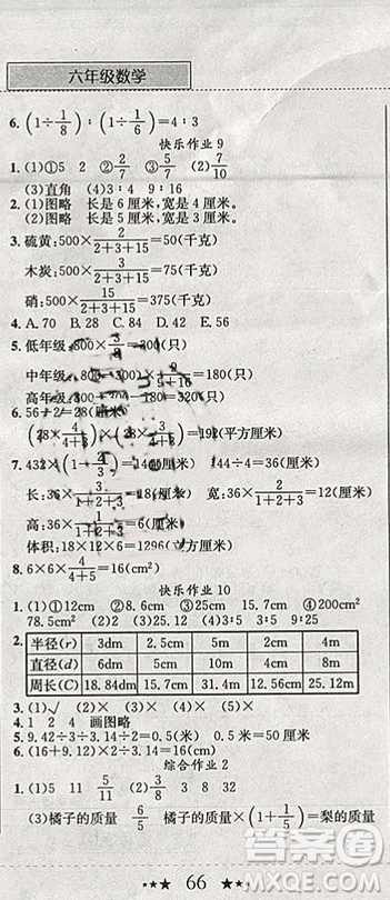 2019新版黃岡小狀元寒假作業(yè)六年級(jí)數(shù)學(xué)全國(guó)通用版參考答案