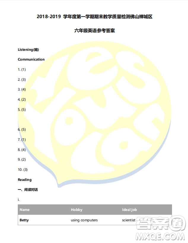 佛山市禪城區(qū)2018-2019六年級上學(xué)期期末考試英語試卷答案