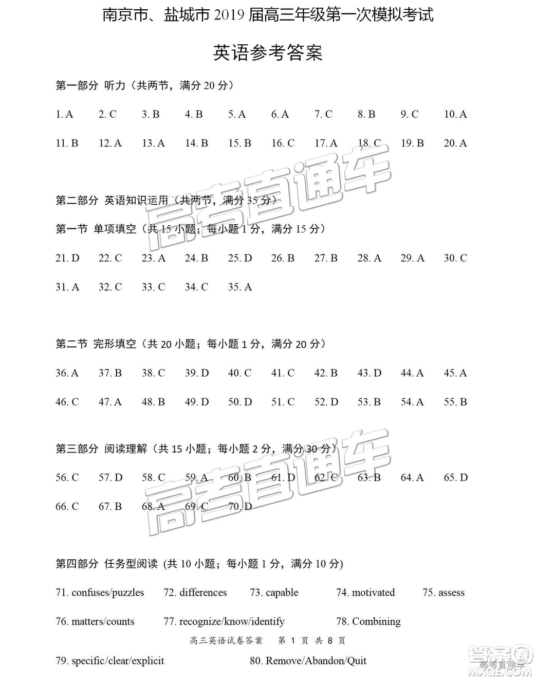 2019南京、鹽城一模英語試題及參考答案