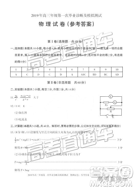 2019屆高三新疆烏魯木齊一診理綜試題及參考答案