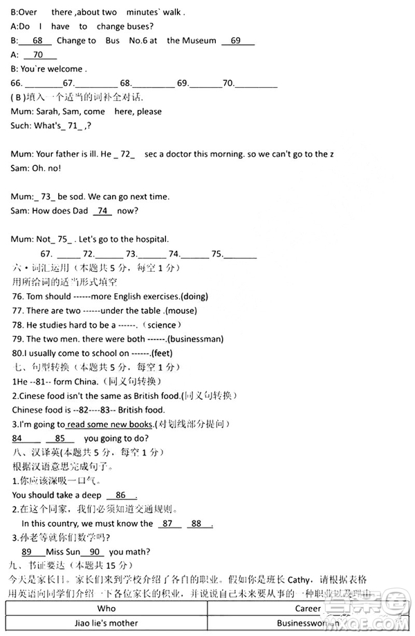 哈爾濱南崗區(qū)2018-2019六年級上期末考試英語試卷及答案