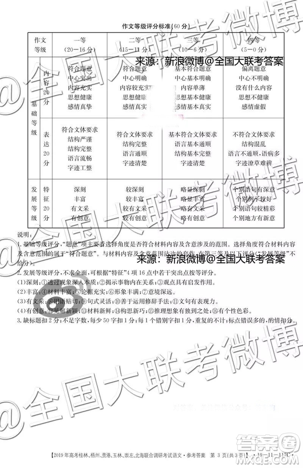 2019年高考桂林、梧州、貴港、玉林、崇左、北海聯(lián)合調研考試高三語文參考答案