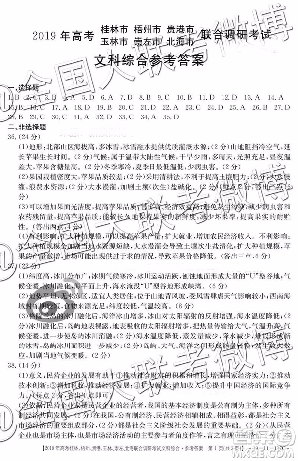 2019年高考桂林、梧州、貴港、玉林、崇左、北海聯(lián)合調(diào)研考試高三文科綜合參考答案