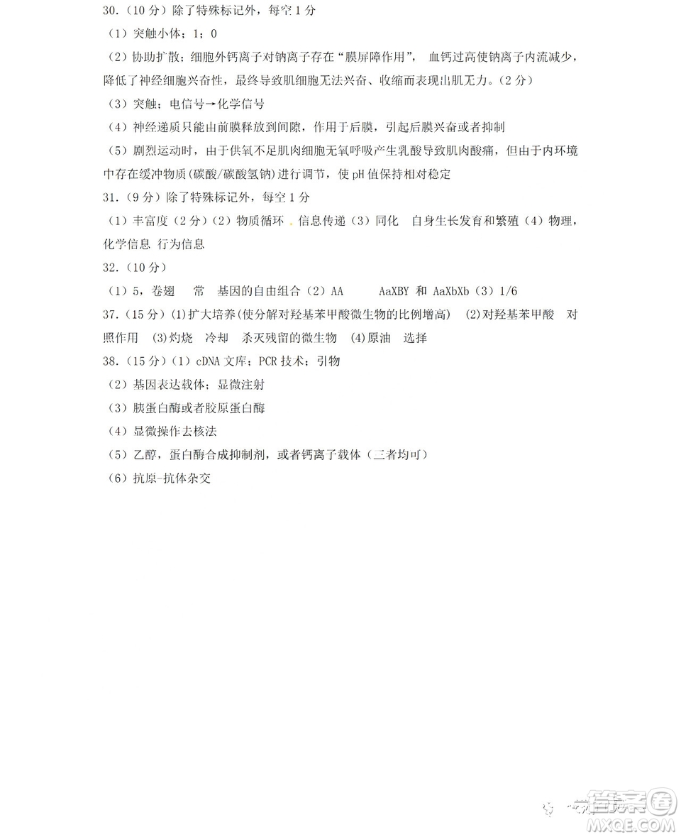 哈爾濱市第六中學(xué)2018-2019學(xué)年度上學(xué)期期末考試高三理科綜合試題及答案