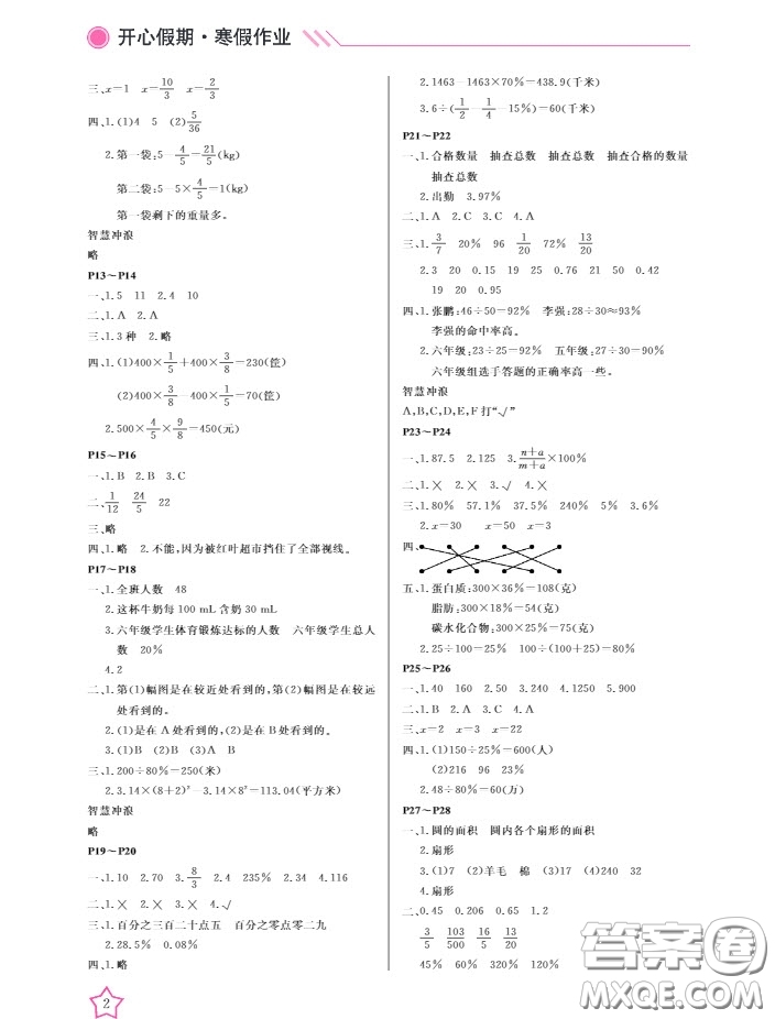 2019武漢出版社春季開(kāi)心假期寒假作業(yè)B版六年級(jí)數(shù)學(xué)答案