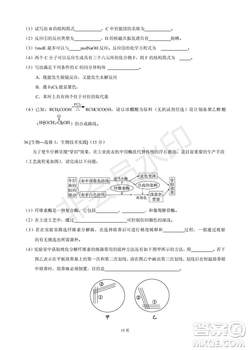 黃山市2019屆高中畢業(yè)班第一次質(zhì)量檢測(cè)理科綜合能力測(cè)試答案解析