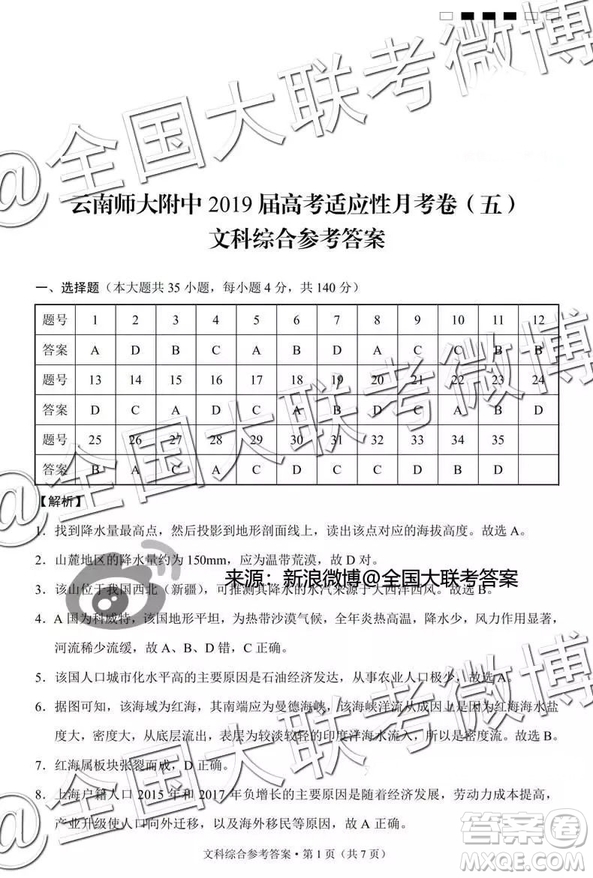 云南師大附中2019屆高考適應(yīng)性月考卷五文科綜合答案解析