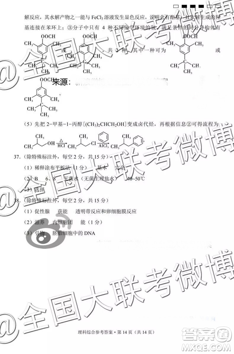 云南師大附中2019屆高考適應(yīng)性月考卷五理科綜合答案解析