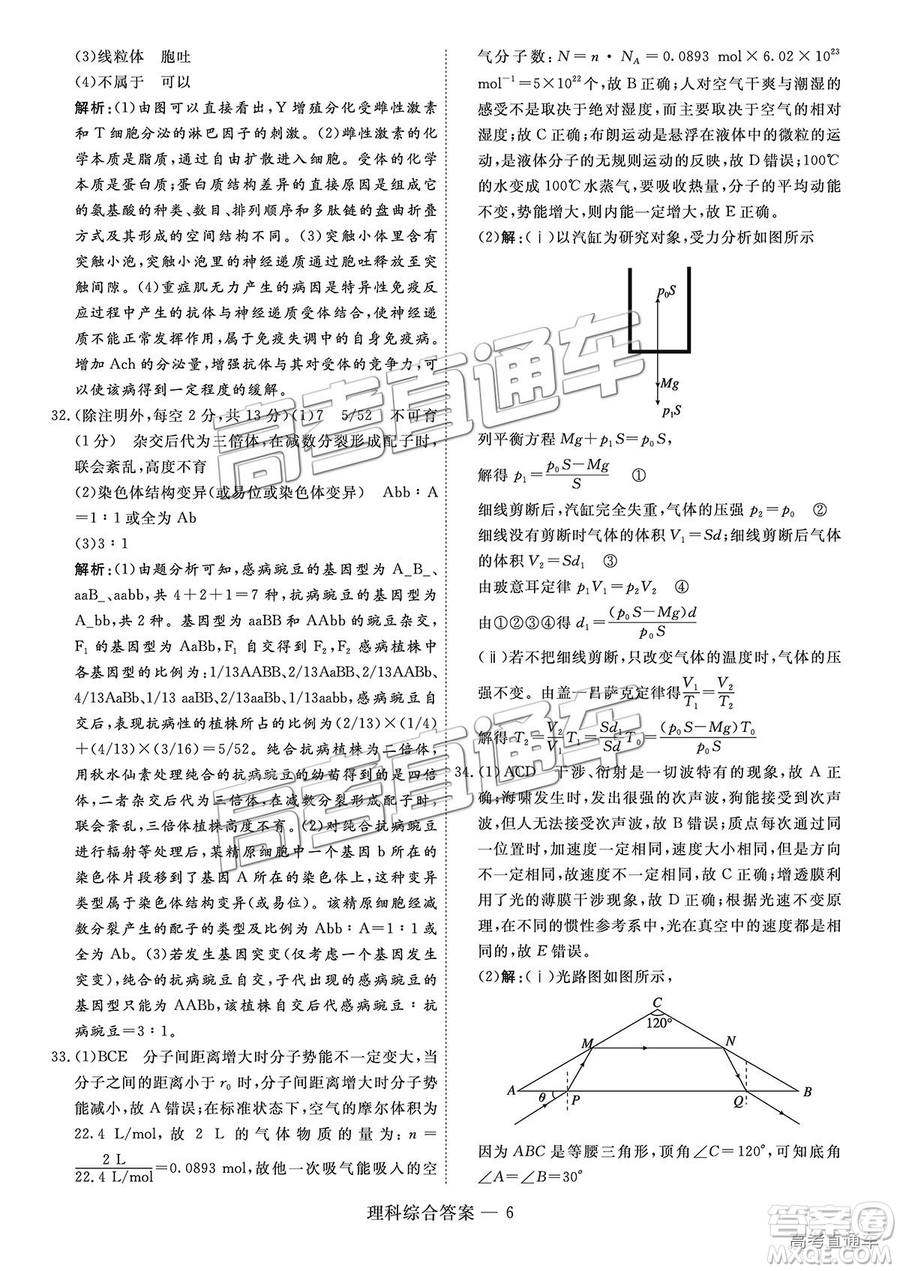 2019屆高三山西五市聯(lián)考理綜參考答案