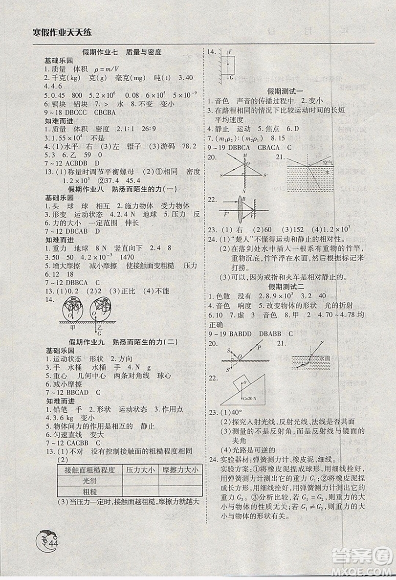 2019新版寒假作業(yè)天天練初中8八年級(jí)物理滬科版文心出版參考答案