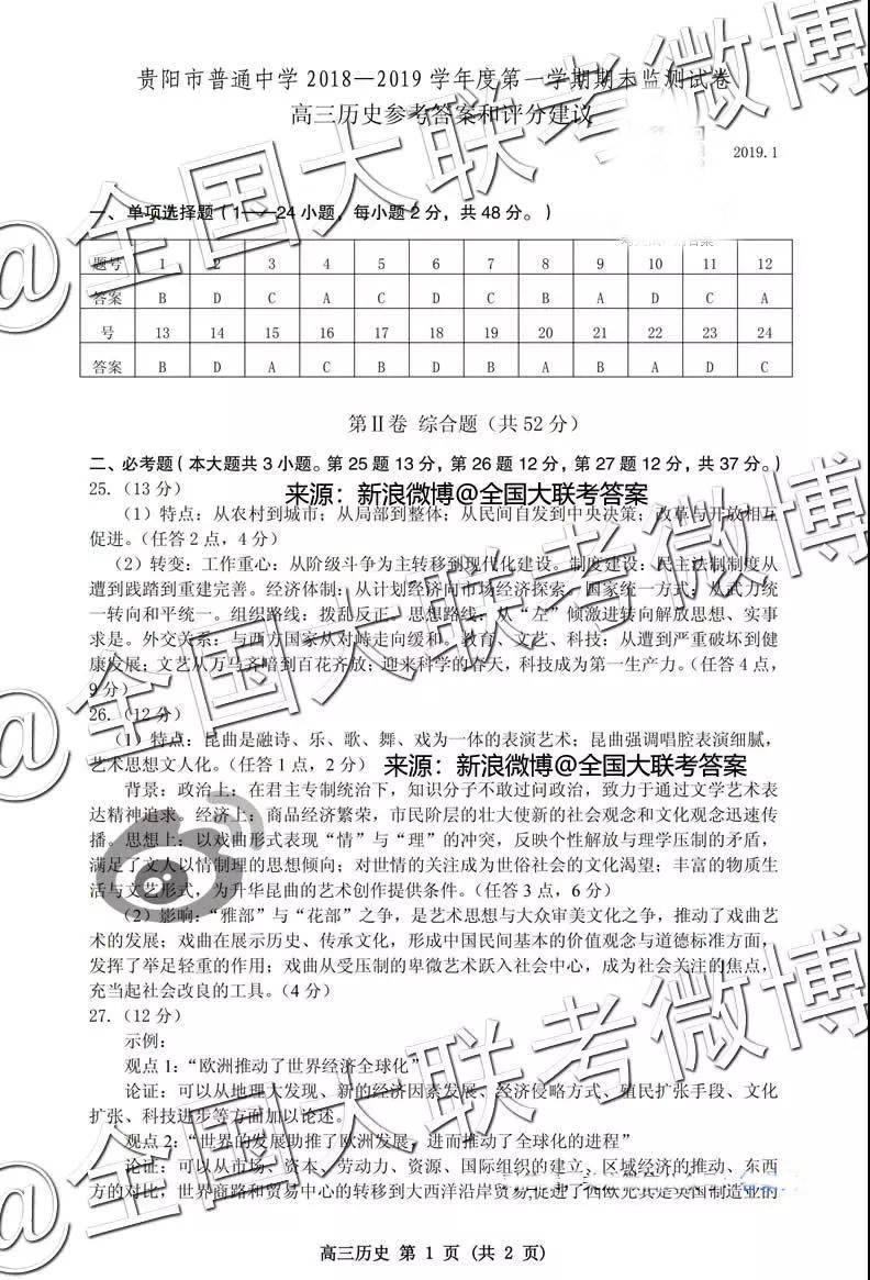 貴陽市普通高中2019屆高三年級第一學(xué)期期末監(jiān)測考試文科綜合參考答案