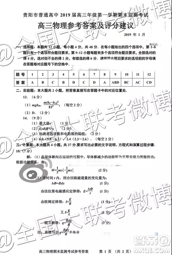 貴陽(yáng)市普通高中2019屆高三年級(jí)第一學(xué)期期末監(jiān)測(cè)考試?yán)砜凭C合參考答案