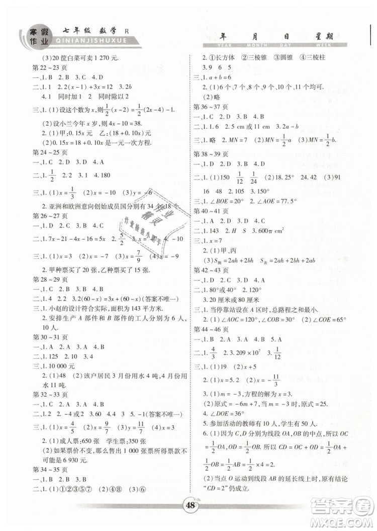 2019新版智趣人教版寒假作業(yè)初中七年級數(shù)學(xué)R版答案