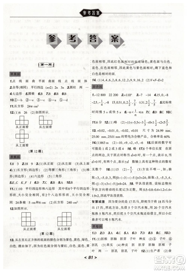 2019年寒假樂園七年級(jí)理科版JZ參考答案