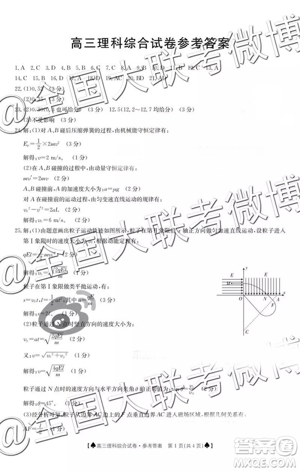 2019年1月高三廣東金太陽百校聯(lián)考理綜答案