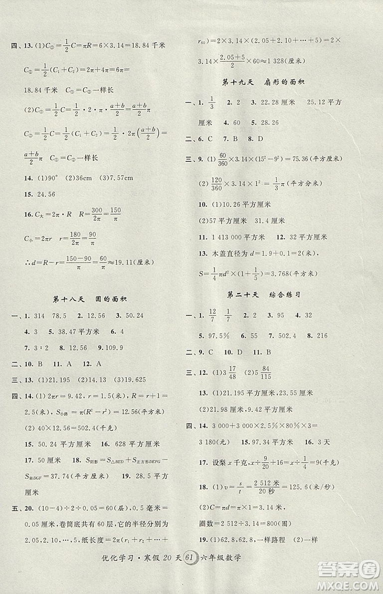 2019年優(yōu)化學習寒假20天上海地區(qū)專用寒假作業(yè)數(shù)學六年級數(shù)學參考答案