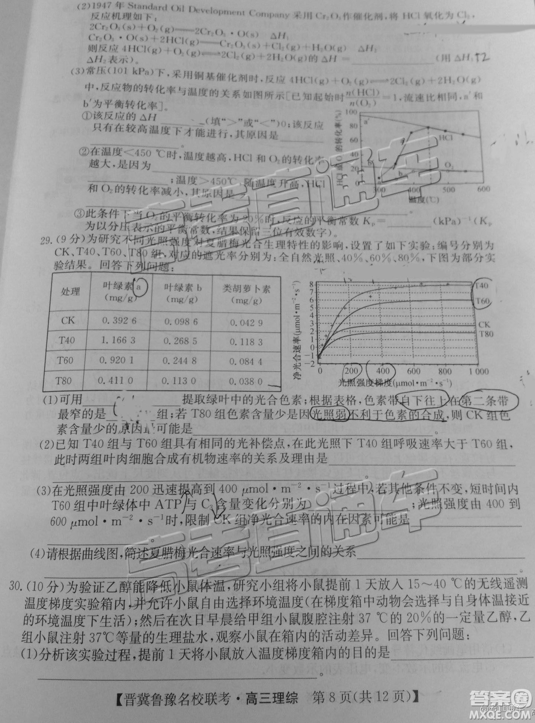 2019屆高三晉冀魯豫名校聯(lián)考理綜試題及參考答案