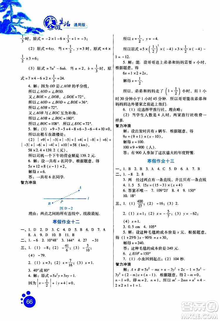 2019版寒假生活七年級(jí)數(shù)學(xué)通用版參考答案