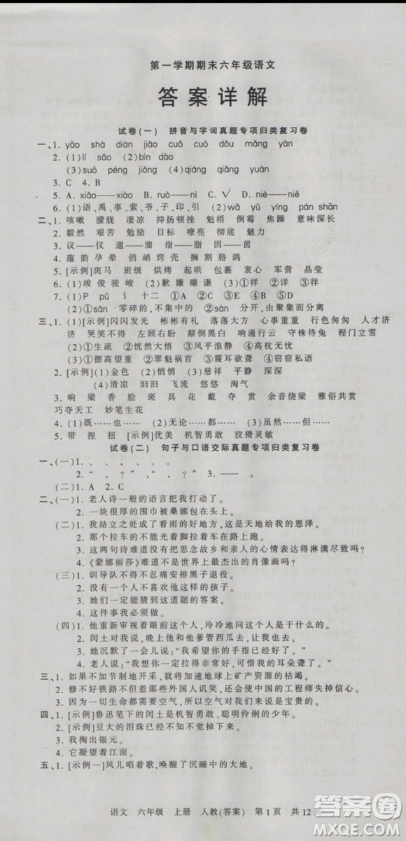 2018版河南專版王朝霞各地期末試卷精選六年級上冊語文人教版參考答案