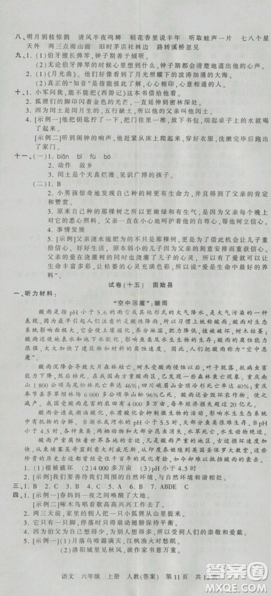 2018版河南專版王朝霞各地期末試卷精選六年級上冊語文人教版參考答案