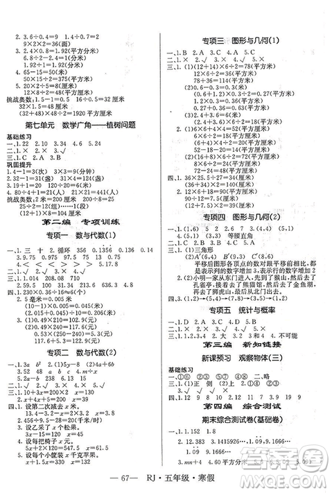 寒假總動(dòng)員2019年高效A計(jì)劃期末寒假銜接五年級(jí)數(shù)學(xué)人教通用版答案