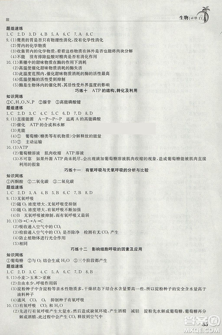 2019新版假日巧練生物必修1高中一年級寒假作業(yè)參考答案