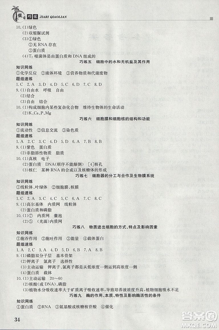 2019新版假日巧練生物必修1高中一年級寒假作業(yè)參考答案