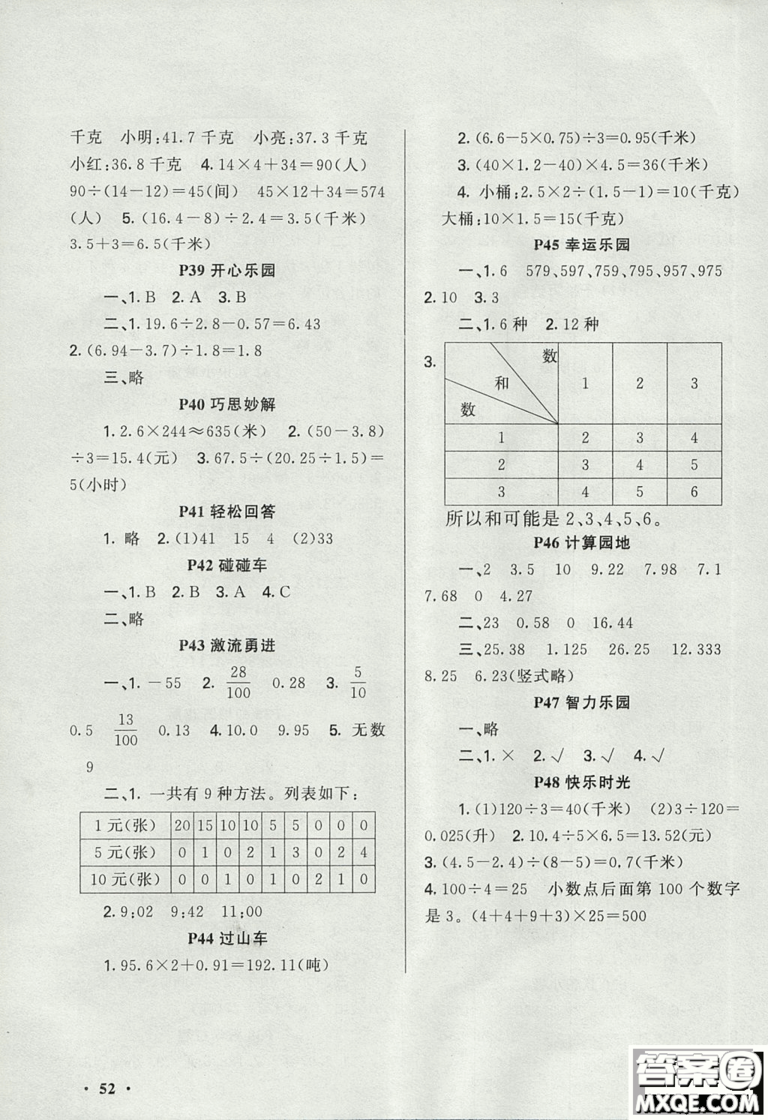 江蘇版2019新路學業(yè)快樂假期寒假作業(yè)五年級數(shù)學參考答案