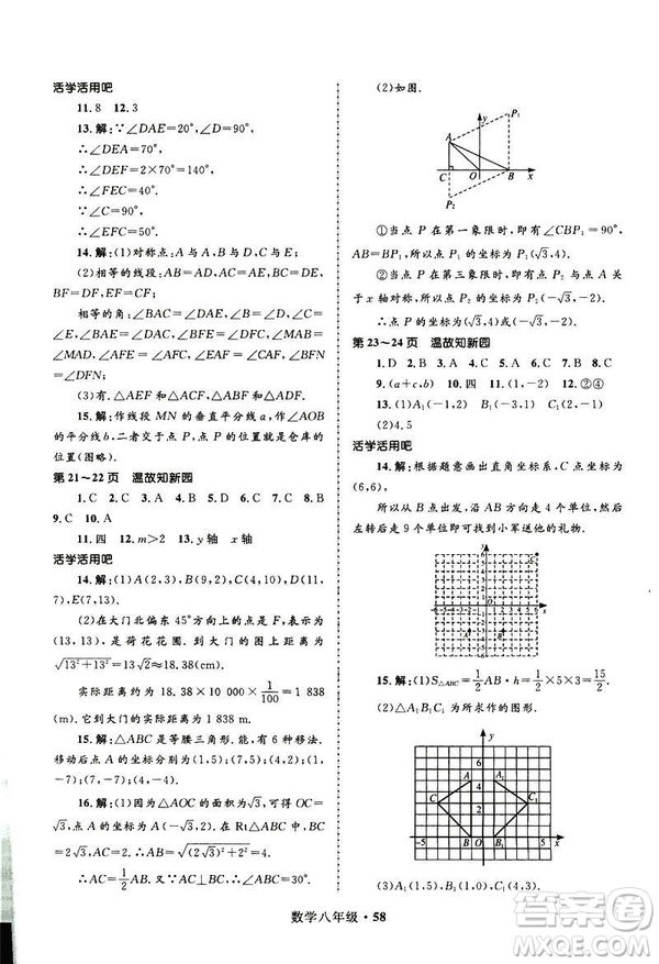 2019年贏在起跑線(xiàn)中學(xué)生快樂(lè)寒假8年級(jí)數(shù)學(xué)參考答案