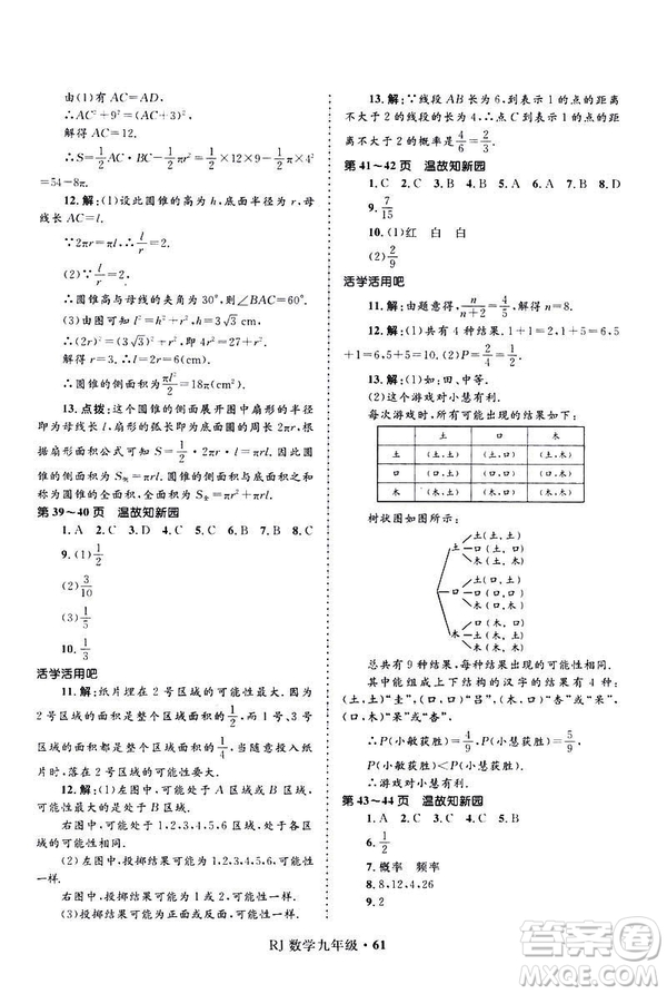 2019年贏在起跑線中學(xué)生快樂寒假9年級數(shù)學(xué)人教版參考答案