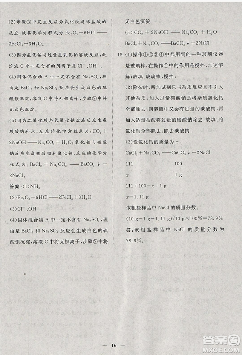 文軒圖書2019寒假假期生活指導(dǎo)九年級化學(xué)答案