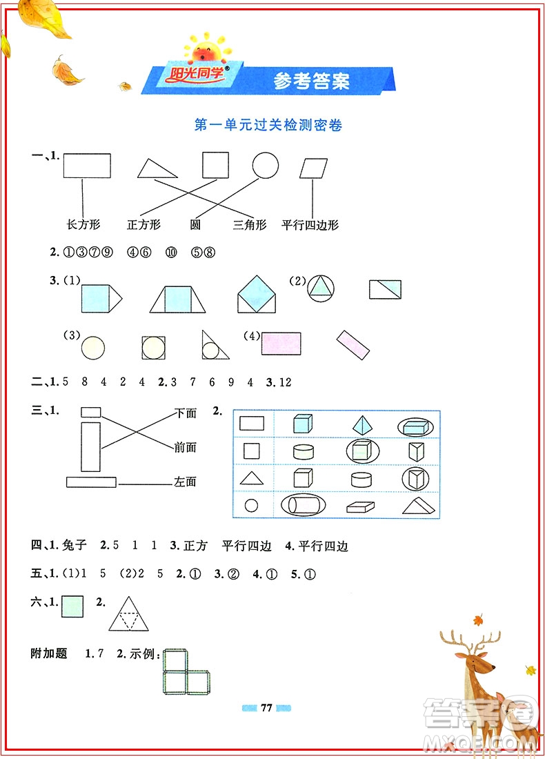 陽光同學2019新版一線名師全優(yōu)好卷一年級下冊數(shù)學試卷人教部編版RJ參考答案