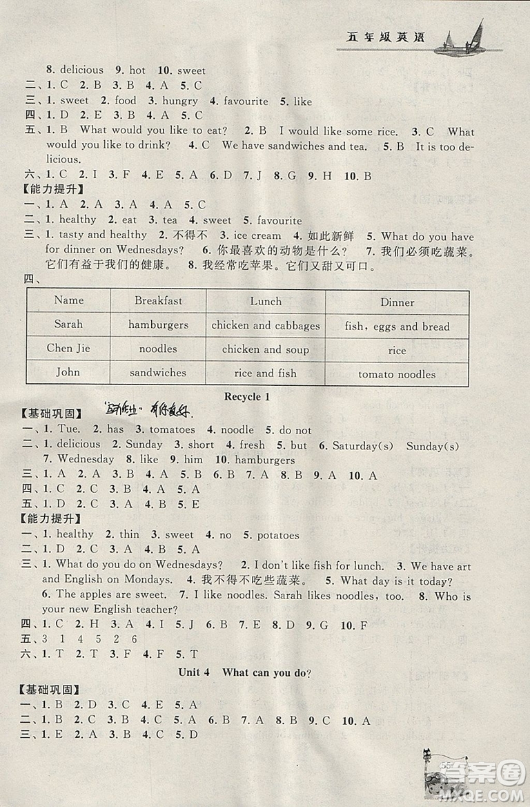 寒假大串聯(lián)2019年五年級(jí)英語(yǔ)人民教育教材PEP參考答案