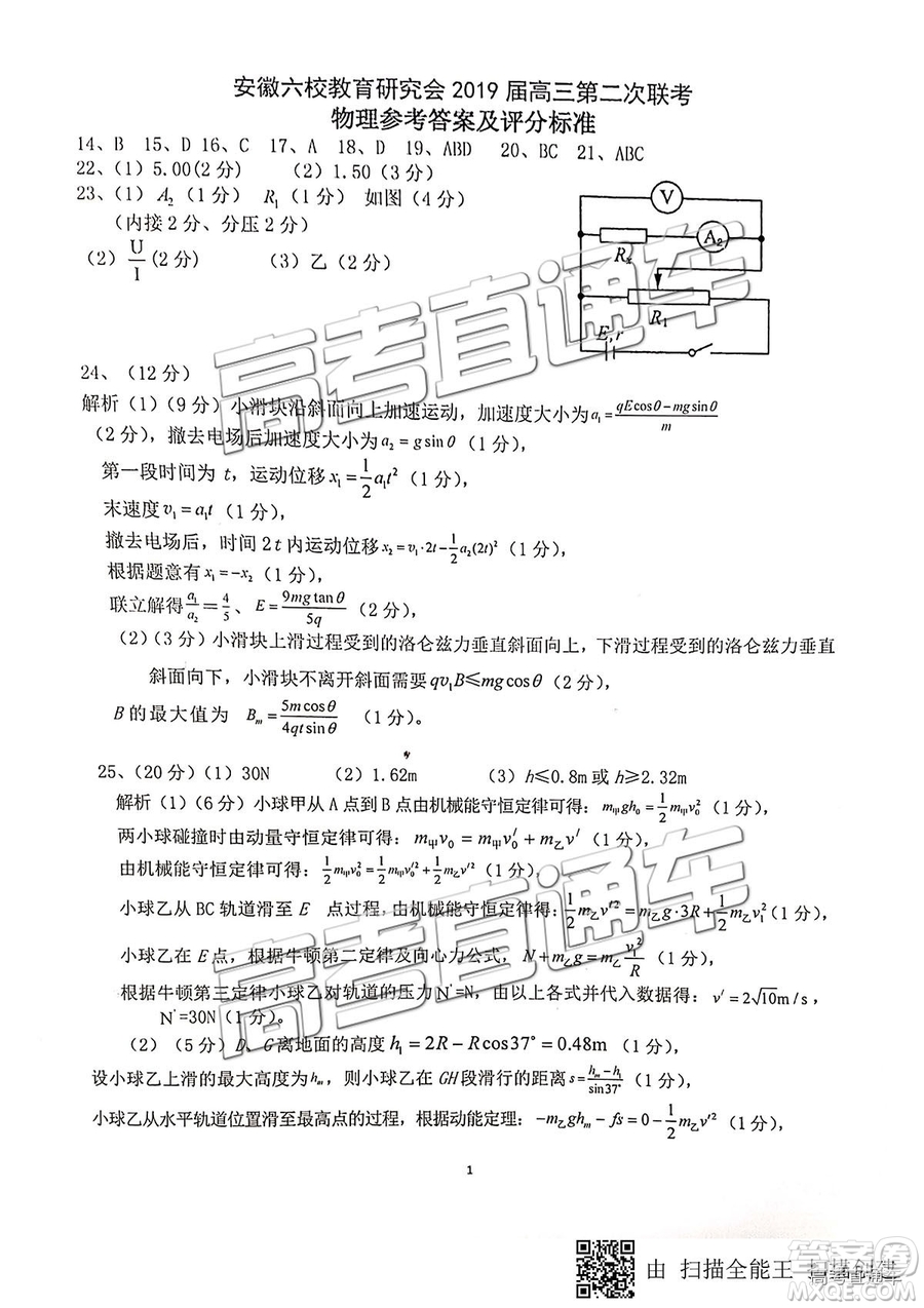 安徽六校教育研究會(huì)2019年高三第二次聯(lián)考理綜試題及參考答案