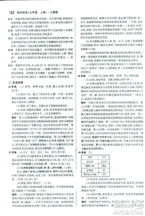 曲一線科學(xué)備考2019版初中同步5年中考3年模擬初中歷史七年級上冊人教版答案