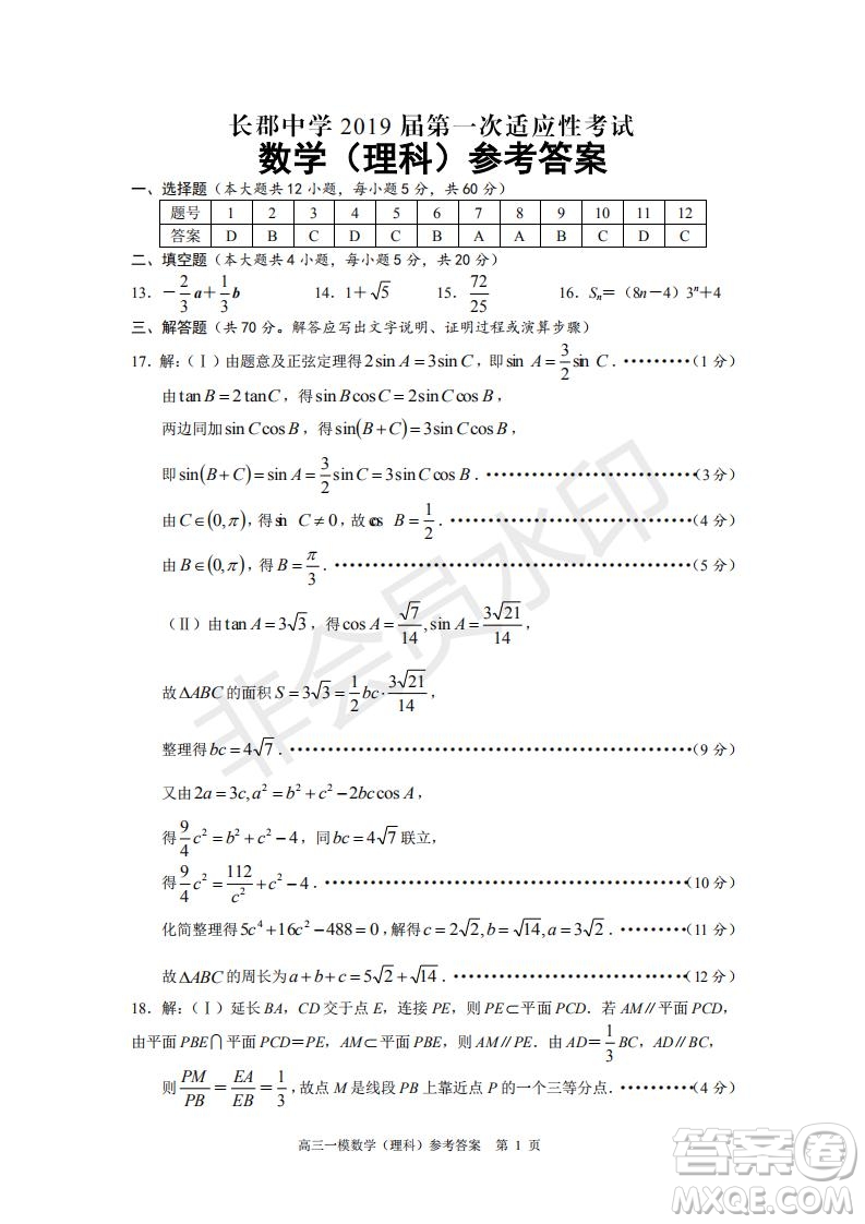 湖南省長沙市長郡中學(xué)2019屆高三下學(xué)期第一次適應(yīng)性考試?yán)砜茢?shù)學(xué)試題及答案